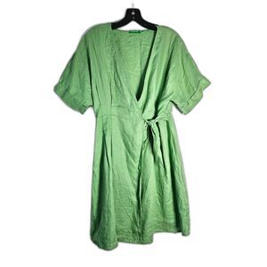 UNITED COLORS of BENETON Sage Green Linen Wrap Shirt Dress Small